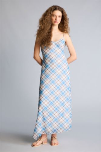 Женщины Коричневый Асимметричное платье миди из тюля в клетку без рукавов с V-образным вырезом