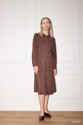 Women Brown Relax Fit Shirt Collar Long Sleeves Dress