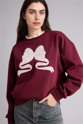 Woman Bordeaux Oversize Fit Printed Long Sleeve Sweatshirt