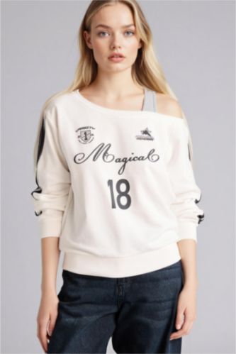 Woman White Printed Long Sleeve Sweatshirt