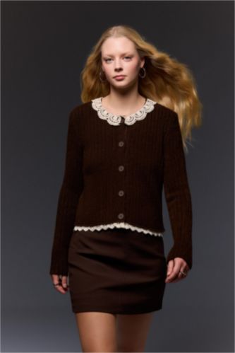 Woman Vison Slim Fit Polo Collar Lace Collar Cardigan