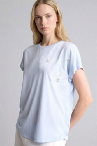 Kadın Açık Mavi Relaxed Fit Kısa kollu Çiçek desenli Tişört