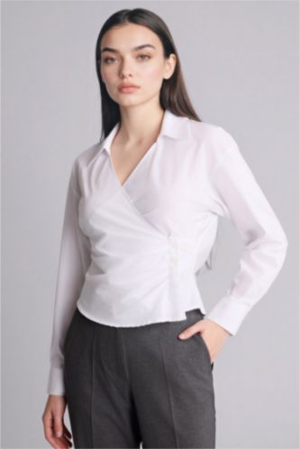 Woman Violet Beyaz Slim Fit Shirt Collar Long Sleeve Shirt
