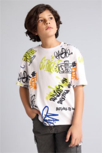 أولادي أبيض تيشيرت اولادي نص كم اوفر سايز منقوش