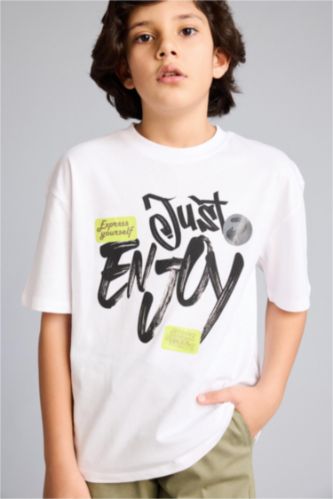 Erkek Çocuk - Genç Erkek Beyaz Oversıze Baskılı Tişört Erkek Çocuk