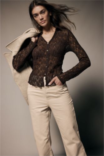 Kadın Kahve Fıtted Gömlek Yaka Dantel Uzun Kollu Gömlek