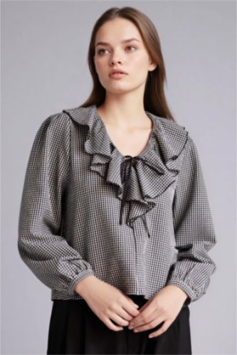 Woman Black Regular Fit V-Neck Plaid Long Sleeve Blouse