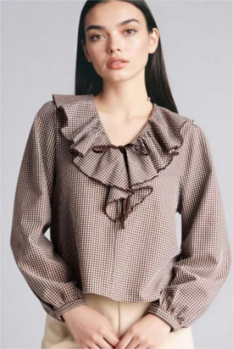 Woman Light Brown Regular Fit V-Neck Plaid Long Sleeve Blouse