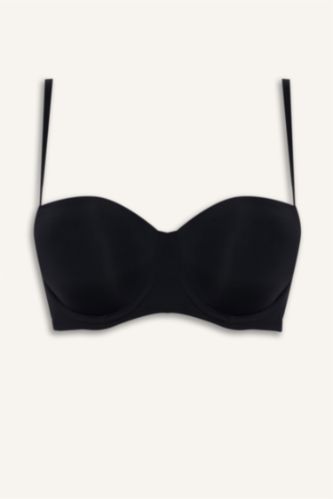 Kadın Siyah Micro Kaplı Pedli Balenli Straplez Sütyen