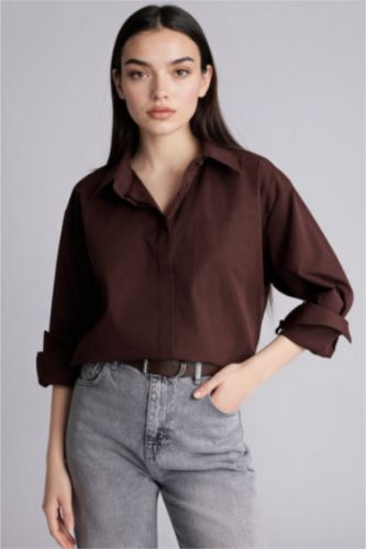 Woman Brown Oversize Fit Shirt Collar Poplin Long Sleeve Shirt
