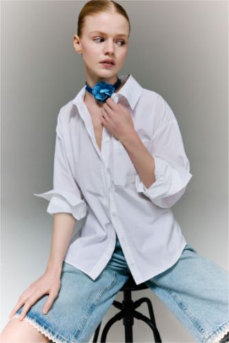 Kadın Beyaz %100 Pamuk Oversıze Poplin Uzun Kollu Gömlek