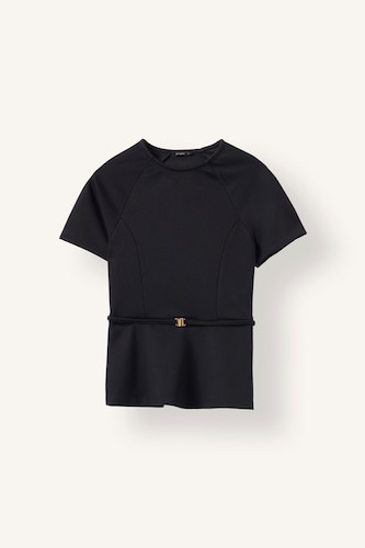 Kadın Siyah Kemer Detaylı Slim Fit Kısa Kollu Tişört