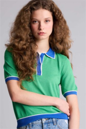 Kadın Yeşil Regular Fıt Polo Yaka Triko Kazak