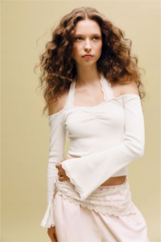 Kadın Kırık Beyaz Fıtted Halter Yaka Fitilli Kaşkorse Tişört