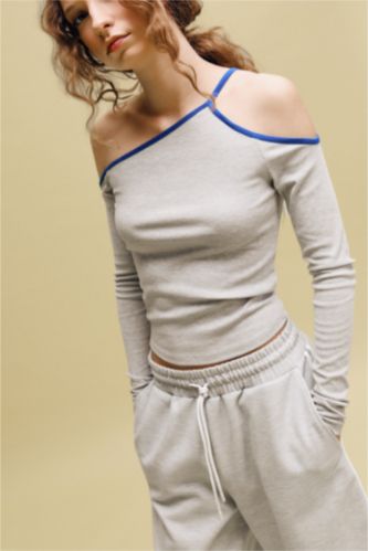 Kadın Gri Melanj Fıtted Omzu Açık Ribana Uzun Kollu Tişört