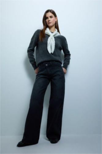 Kadın Antrasit %100 Pamuk Wıde Leg Jean Pantolon