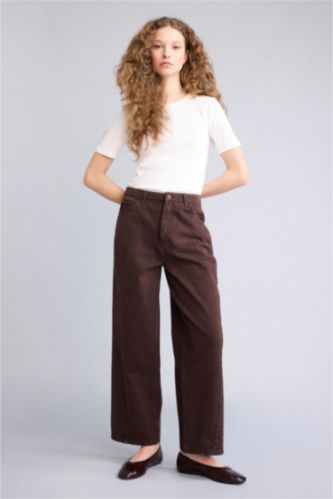 Kadın Kahve Baggy Fıt Normal Bel Gabardin Pantolon