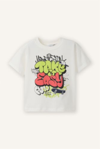 Erkek Bebek Ekru Regular Fıt Kaykay Baskılı Kısa Kollu Tişört Erkek Bebek