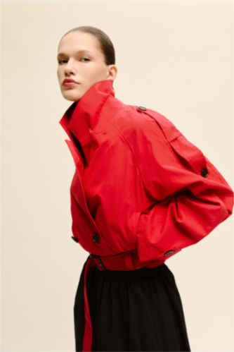 Kadın Kırmızı Cropped Fıt Gömlek Yaka Twill Trençkot