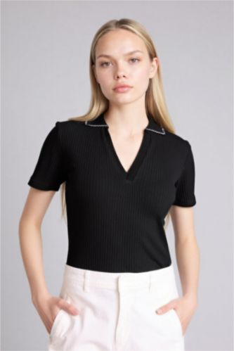 Женщины Черный Футболка поло кашкорсе Slim Fit в рубчик с коротким рукавом