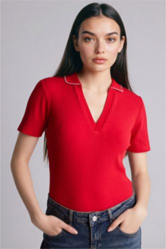Женщины Красный Футболка поло кашкорсе Slim Fit в рубчик с коротким рукавом