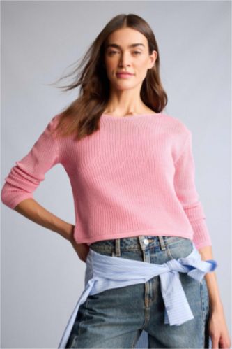 Kadın Pembe Oversıze Kayık Yaka Kazak