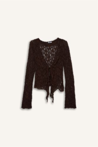 Kadın Kahve Fıtted Dantel Uzun Kollu Bluz