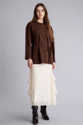 Kadın Kırık Beyaz A Kesim Dantel Midi Etek