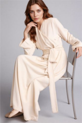 Woman Beige V-Neck Linen Blended Dress