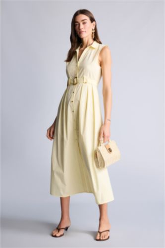 WOMAN Light Yellow Shirt Collar Poplin Midi Dress