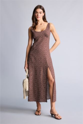 WOMAN Brown Linen Blended Midi Dress