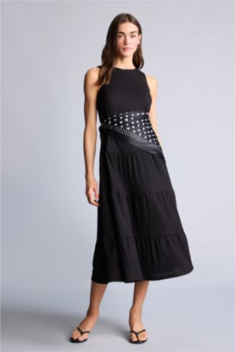 Женщины Черный Платье миди А-силуэта без рукавов с круглым вырезом