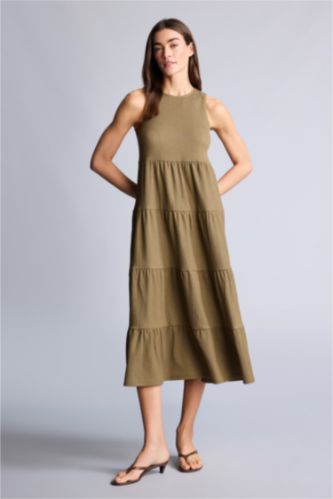 Женщины Светлый хаки Платье миди А-силуэта без рукавов с круглым вырезом
