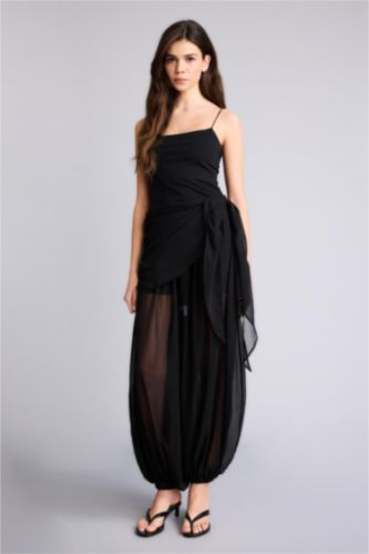 Kadın Siyah Balloon Fıt Normal Bel Standart Boy Şifon Pantolon