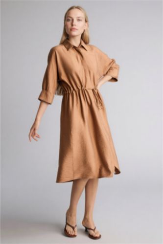 Kadın Camel Regular Fıt Gömlek Yaka Yarım Kol Elbise