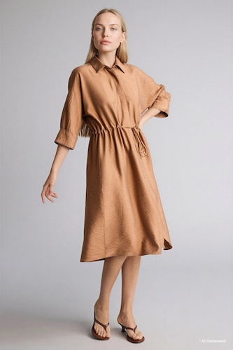 WOMAN Camel Regular Fit Shirt Collar Dress