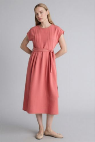 Kadın Koyu Gülkurusu Yuvarlak Yaka Keten Karışımlı Kısa Kollu Elbise