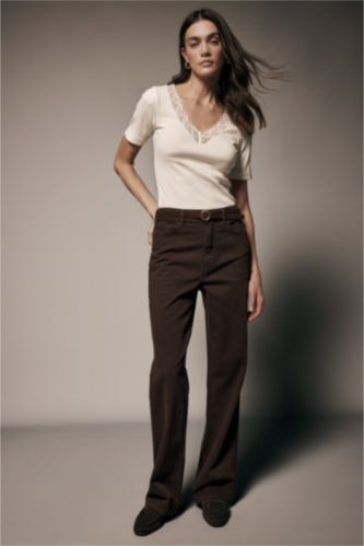 WOMAN Brown Straight Fit Normal Waist Gabardine Trousers