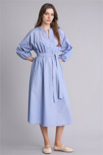 Woman Light Blue Flap Collar Poplin Dress