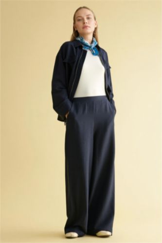 Kadın Lacivert Straıght Fıt Geniş Paça Keten Karışımlı Pantolon