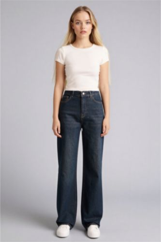 FEMME Bleu Jean pantalon large taille haute Style 90’s