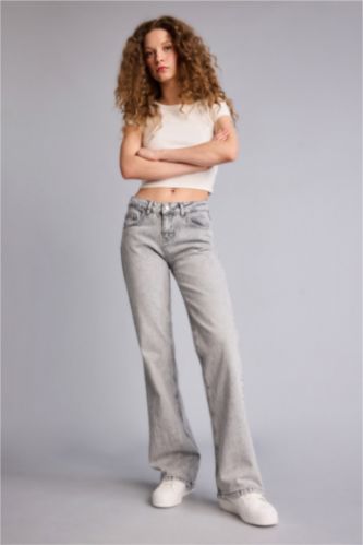 Kadın Gri Bootcut Düşük Bel Uzun Jean Yıkamalı Pantolon