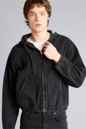 Erkek Siyah Oversıze Kapüşonlu Pamuklu Ceket