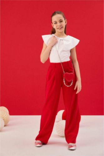 Kız Çocuk - Genç Kız Kırmızı Wıde Leg Geniş Paça Pantolon Kız Çocuk