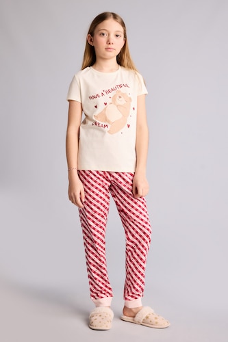 Kız Çocuk - Genç Kız Ekru %100 Pamuk Regular Fıt 2'li Ayıcıklı Pijama Takımı Kız Çocuk