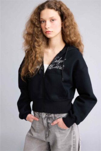 Kadın Siyah Kapüşonlu Baskılı Fermuarlı Sweatshirt