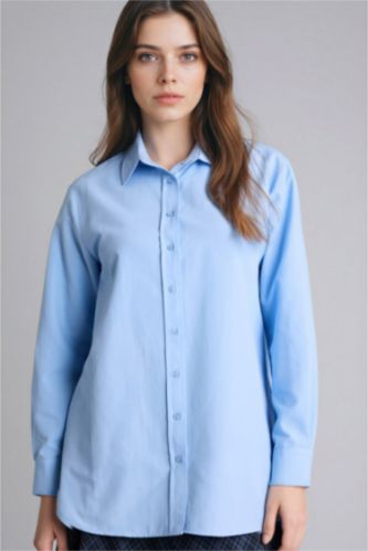 Kadın Açık Mavi Regular Fıt Poplin Gömlek Tunik