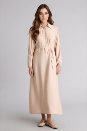 Woman Beige Shirt Collar Dress