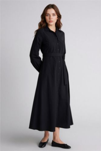 Kadın Siyah Gömlek Yaka Poplin Uzun Kollu Elbise