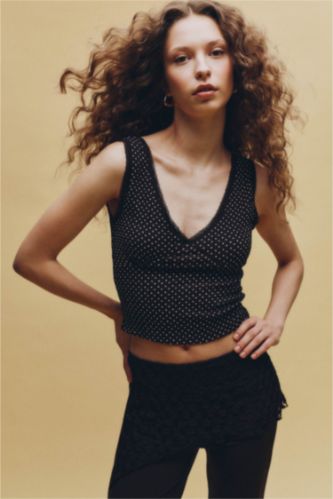 Woman Brown Slim Fit Polka Dot V-Neck Tank Top